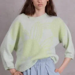 Avoine alpaca trui in ice blue met daiquiri green